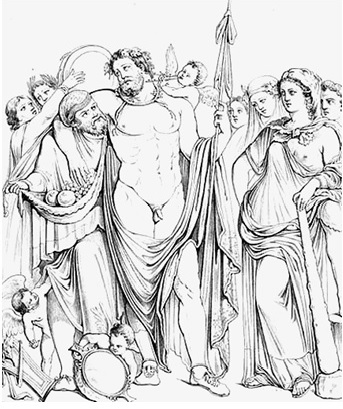 Héracles, Ônfale e erotes. Desenho moderno de afresco.15