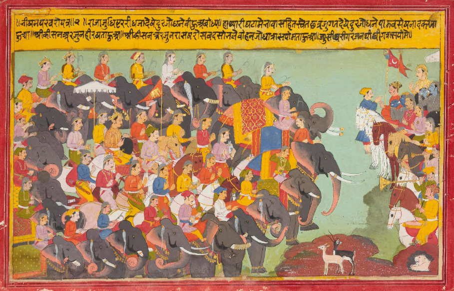 Ilustração de Bhishma Parva, do Mahabharata: “Os exércitos Pandava e Kaurava frente a frente”.