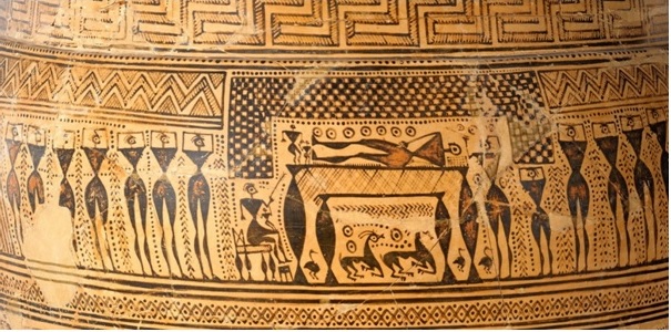 Detalhe de uma cena de funeral em vaso ático do período geométrico (IX-VIII a.C.). Cena de próthesis