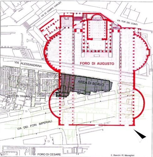 Planimetria da área de escavação de 2005-2007. Em preto: estado atual da área. Em vermelho: planimetria reconstrutiva do Fórum de Augusto